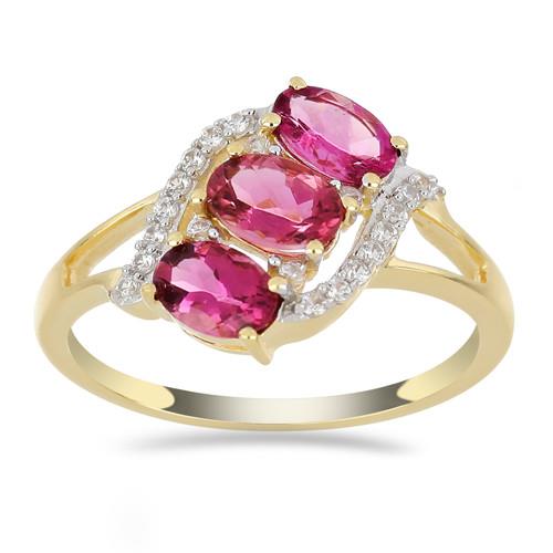 BUY 14K GOLD REAL RUBELLITE GEMSTONE THREE STONES RING